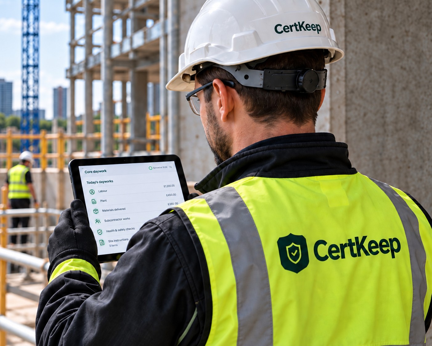 Subcontractor in a CertKeep hard hat and hi-vis recording site work on a tablet
